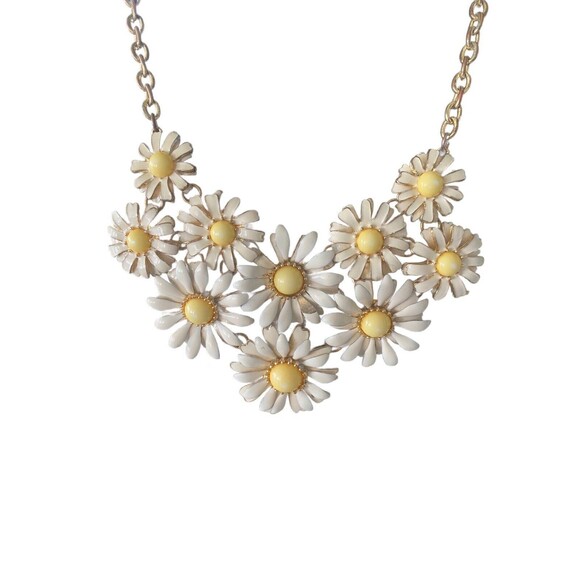 Daisy Sunflower Floral Statement Necklace Women White Enamel Yellow Pearl Center - Picture 11 of 16
